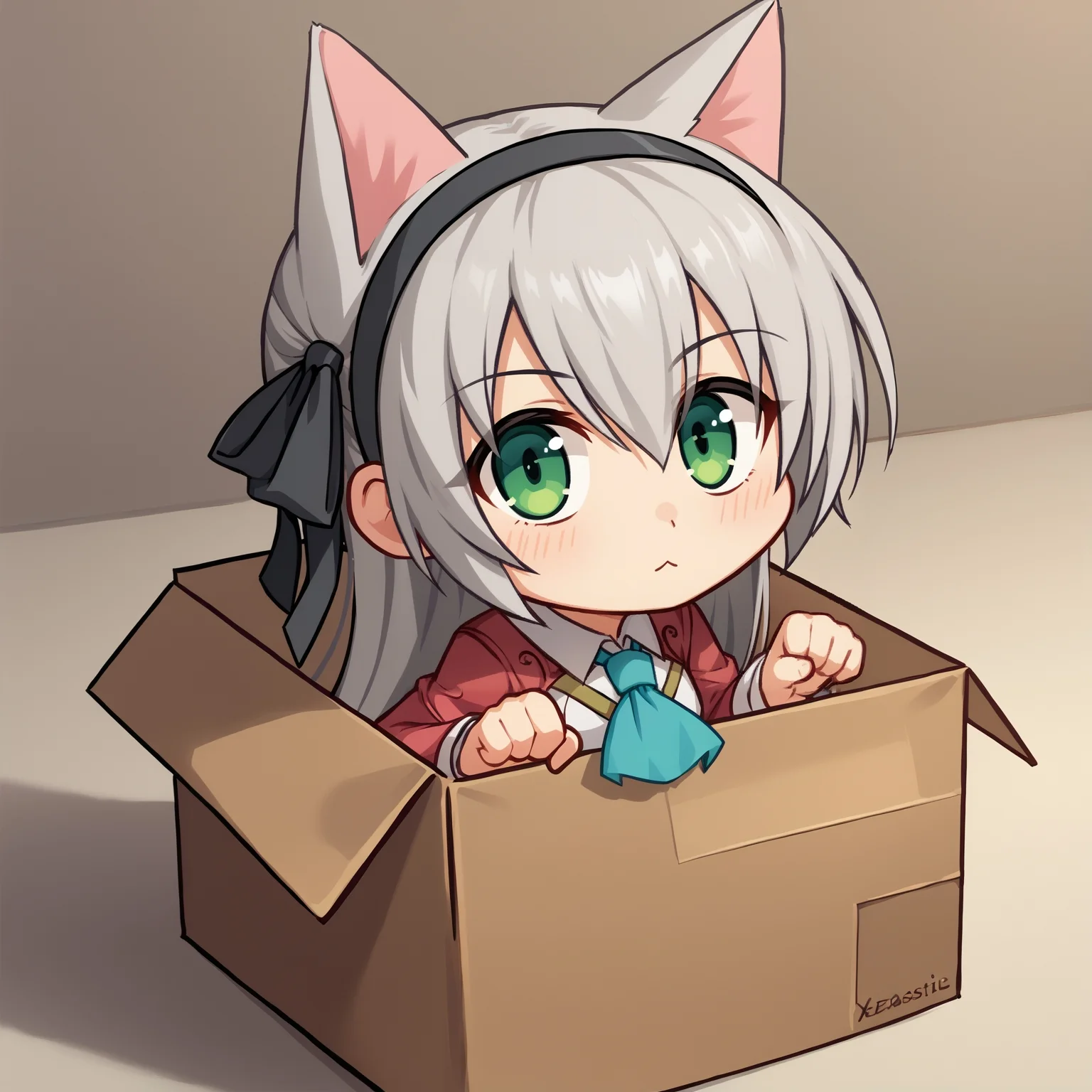 b0xe,in box,chibi,cardboard box, solo,
score_9, score_7_up,
cat ears, paw pose, looking at viewer,
zeroelie, grey hair, long hair, green eyes, black hairband, hair ribbon, black ribbon, red shrug top, blue ascot, white dress, yellow belt, skirt, thighs,
<lora:elie-pdxl-nvwls-v2:0.9>
doorstep,<lora:chibi_box_b0xe_v2.1:0.9>