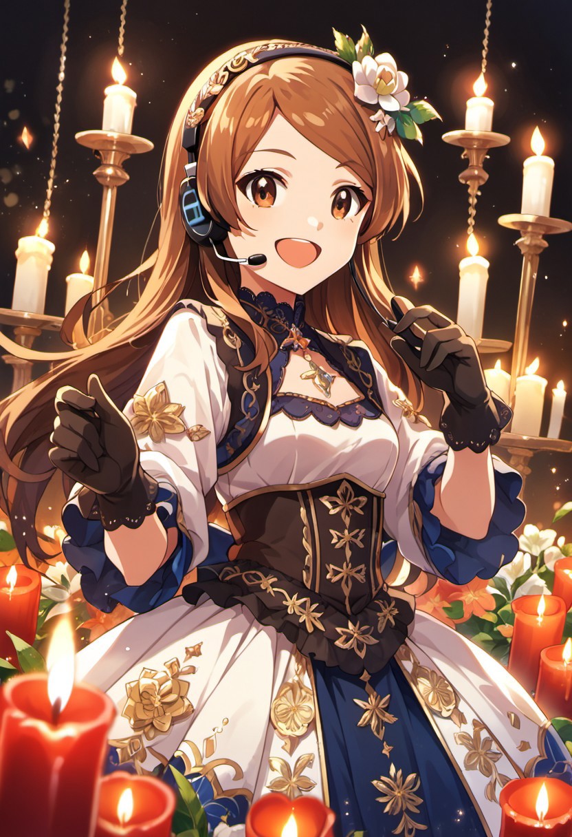score_9, score_8_up, score_7_up, source_anime,ogami tamaki, long hair, brown hair, brown eyes, 1girl, gloves, candle, flower, open mouth, solo, smile, hair ornament, hair flower, headset, :d, dress