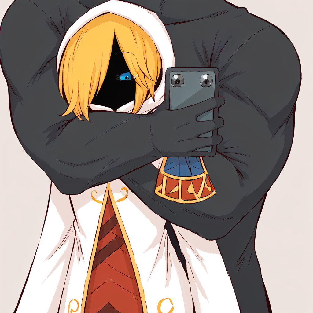<lora:Bone_Maiden:1> bonemaiden, blonde hair, blue eyes, black skin, colored skin, hood, cloak, short hair, no mouth, hair over one eye
 <lora:FlexingAroundHeadMeme_pdxl_Incrs_v1:0.8> FlxngArndHdMeme, 1boy, 1girl, selfie, hug, hug from behind, holding phone, muscular, close-up, flexing