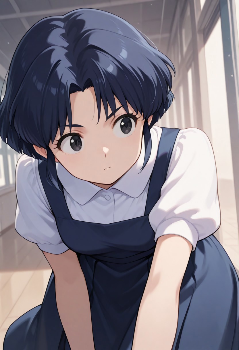 masterpiece, best quality, dynamic angle, dynamic pose,
akane, 1girl, solo, black eyes, parted bangs, sidelocks,
short hair, blue dress, pinafore dress, puffy short sleeves, white shirt, collared shirt, school uniform,
outfit_remake, blue hair,
schoolyard, japanese school in the background, cute, happy, looking away, returning home from school, students in the background