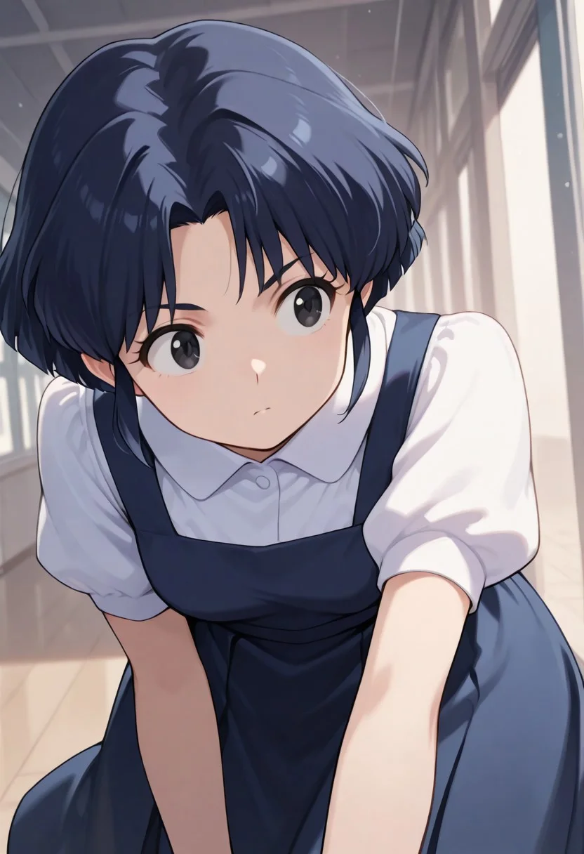 masterpiece, best quality, dynamic angle, dynamic pose,
akane, 1girl, solo, black eyes, parted bangs, sidelocks,
short hair, blue dress, pinafore dress, puffy short sleeves, white shirt, collared shirt, school uniform,
outfit_remake, blue hair,
schoolyard, japanese school in the background, cute, happy, looking away, returning home from school, students in the background
