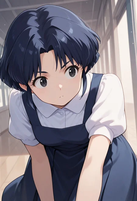 masterpiece, best quality, dynamic angle, dynamic pose,
akane, 1girl, solo, black eyes, parted bangs, sidelocks,
short hair, blue dress, pinafore dress, puffy short sleeves, white shirt, collared shirt, school uniform,
outfit_remake, blue hair,
schoolyard, japanese school in the background, cute, happy, looking away, returning home from school, students in the background