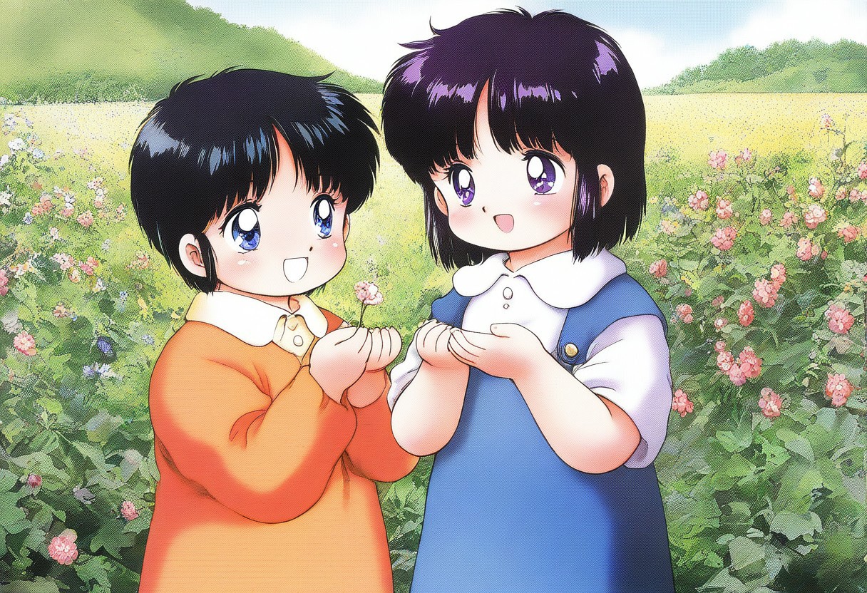 lazympos, very awa, general,highres, ultra-detailed,very aesthetic,best quality ,best hands, BREAK retro_artstyle, retro, retro anime artwork, 1980 \(style\), vibrant colors, sfw, Konohara_Konomi, 1girl, short hair, black hair, purple eyes, [Corio, 1boy, short hair, blue eyes, bangs, black hair], smiling, happy, kawai, playing, in the garden, flowers, happy, summer time, cowboy shot,