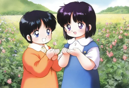 lazympos, very awa, general,highres, ultra-detailed,very aesthetic,best quality ,best hands, BREAK retro_artstyle, retro, retro anime artwork, 1980 \(style\), vibrant colors, sfw, Konohara_Konomi, 1girl, short hair, black hair, purple eyes, [Corio, 1boy, short hair, blue eyes, bangs, black hair], smiling, happy, kawai, playing, in the garden, flowers, happy, summer time, cowboy shot,