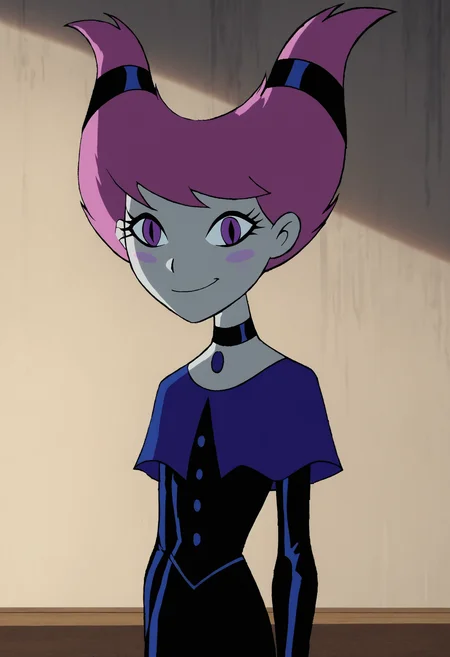 <lora:JinxTTPony1.2:1> jinx, 1girl, pink hair, capelet, grey skin, hair ties, long sleeves, choker, solo, blush stickers, black dress, chest jewel, smile, score_9, score_8_up, score_7_up, score_6_up, score_5_up, score_4_up, looking at viewer, cowboy shot, arms behind back, portrait,shy,
