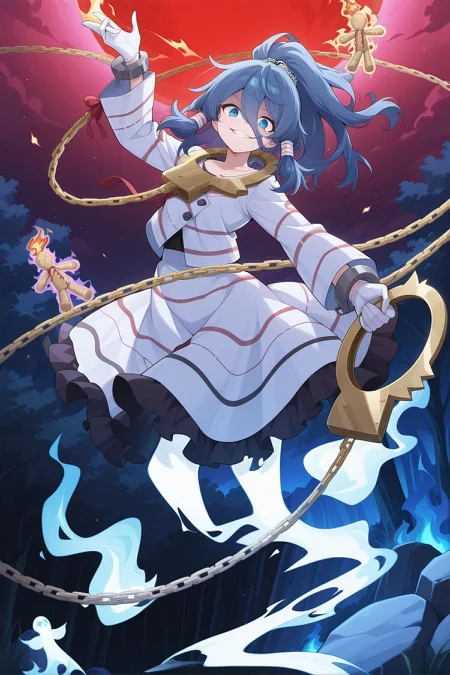 absurdres, highres, masterpiece, best quality, amazing quality, official anime artwork, screencap, anime screencap, outdoors, looking at viewer, evil smile, dynamic pose,
<lora:Mizuchi-Miyadeguchi_Illustrious:1> miyadeguchi mizuchi, 1girl, solo, blue eyes, blue hair, long hair, hair tubes, ponytail, ghost tail,, skull hair ornament, white gloves, white shirt, long sleeves, striped shirt, striped skirt, chain, cuffs, shackles, gold handcuffs, sleeve ribbon,
moon, night, fire, light particles, voodoo doll, fire, blue flames, hell, red theme,