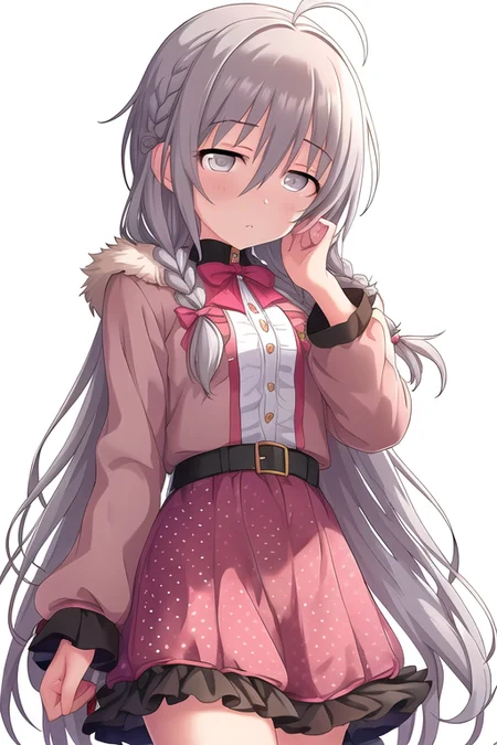 Hoshi Syoko, 1girl, ahoge, bangs, blush, braid, center frills, cowboy shot, frilled skirt, frills, fur-trimmed sleeves, fur collar, fur trim, grey eyes, grey hair, hair between eyes, highres, jacket, long hair, long sleeves, looking at viewer, pink jacket, polka dot skirt, side braid, simple background, single braid, skirt, solo, very long hair, white background
<lora:deresute-v1.1:1>