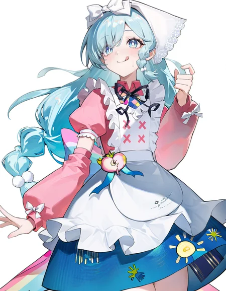 white background,simple background,tongue,tongue out,:q,
yuebai02,1girl,solo,blue hair,long hair,blue eyes,braid,bow,white bow,pink shirt,apron,puffy sleeves,
<lora:yuebai_noob:1>,masterpiece,best quality,very aesthetic,absurdres,
