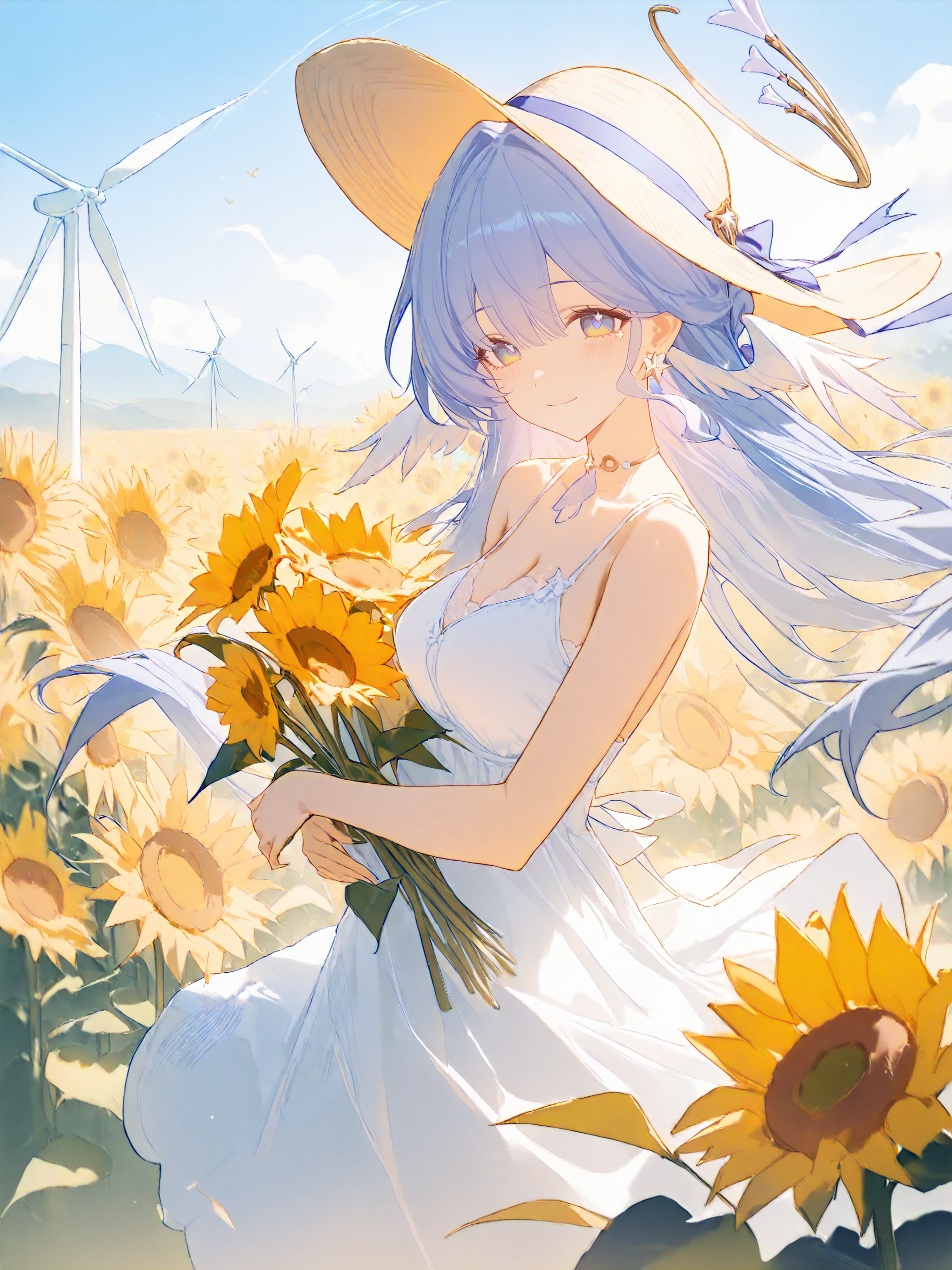 masterpiece, high score, great score, absurdres, (ask \(askzy\), hiten \(hitenkei\):0.5), <lora:Char-HonkaiSR-Robin-V2-XL:1>, 1girl, solo, robin \(honkai: star rail\), halo, head wings, (white dress, sundress, chemise:1.2), sun hat, floating hair, cheering,  sunflower, outdoor, wind turbine, smile, sun hat, depth of field