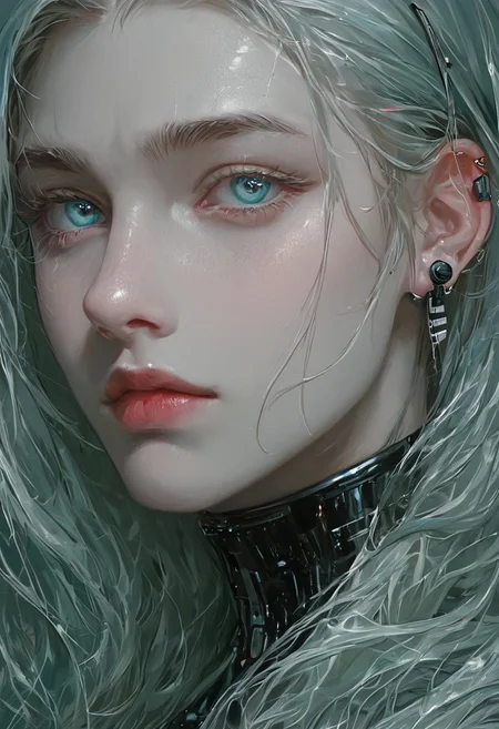 score_9, score_8_up, score_7_up, score_6_up, score_9, score_8_up, score_8, Expressiveh, (best quality:1.1), (detailed), (highres, best quality:1.2), (hyper-realistic:1.2), (close-up:1.3), 1girl, solo, adult, slender, pale porcelain skin with an ethereal glow, piercing neon violet and electric cyan eyes radiating intensity, sleek high-cheekboned features, delicately arched brows, lips painted in metallic black with a reflective sheen, avant-garde hairstyle with gravity-defying ultraviolet and iridescent teal streaks, asymmetrical cybernetic earpiece emitting soft luminescent waves, intricate metallic collar seamlessly merging with a futuristic high-necked gown, fabric shifting between deep magenta and toxic green with reflective geometric inlays, optical illusion background of high-contrast black and white converging vortex lines, intersected by pulsating neon fractal waves and shifting cyan grid overlays, surreal sense of depth and motion, hypnotic and dreamlike atmosphere, ultra-detailed, cinematic lighting enhancing shadows and highlights, award-winning composition, mesmerizing and otherworldly aesthetic.