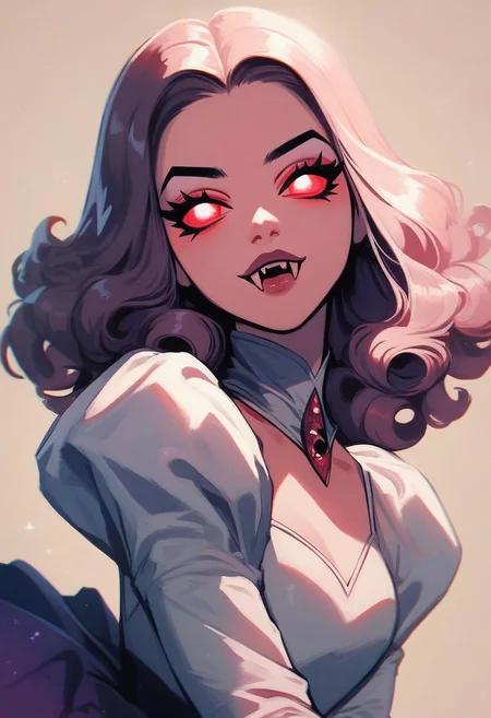score_9, score_8_up, score_7_up, GLSHS, high res image,masterpiece,best quality,(girl:1.0),cute face,clear skin,shiny hair,ultra detailed eyes,simple background, vampire cos, dress, makeup,skirt, pantyhose,fangs