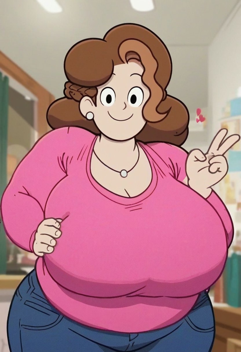 (score_9 | score_8_up | score_7_up) ((masterpiece:1))(best quality,very high quality,ultra detailed:1.2) (2D,cartoon style,anime style)(Smooth:2)(clean blurring) (four fingers on each hand,one thumb on each hand:1),1female,sole female,black eyes,perfect face,accurate,screencap,looking at viewer,,dot eyes,huge breasts,bbw,fat,brown hair,pink shirt,pants,smile,full clothed,