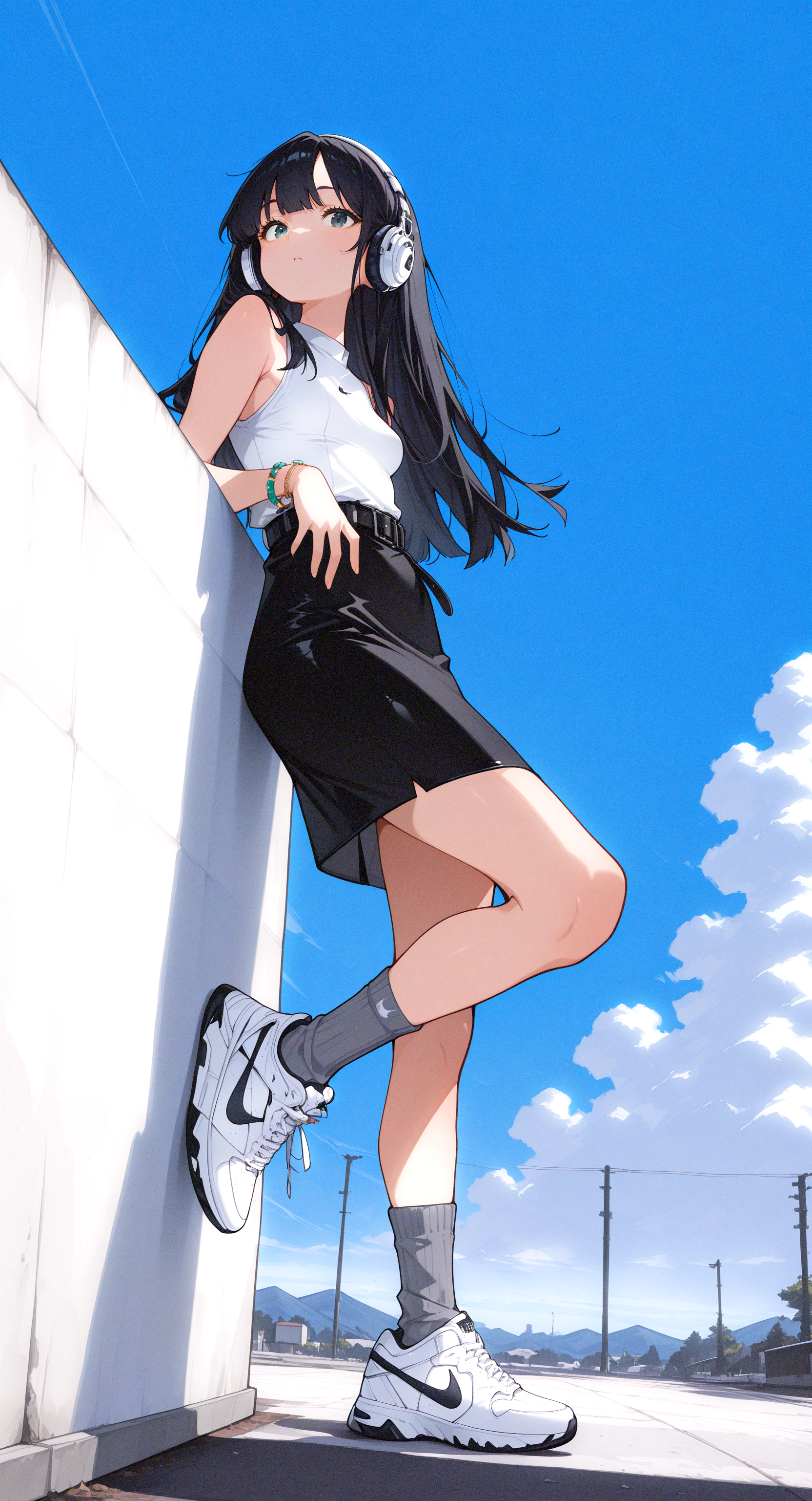 masterpiece, best quality, good quality, very awa, very aesthetic, absurdres, newest, 1girl, solo, long hair, black hair, small breasts, shirt, skirt, white shirt, shoes, sleeveless, socks,belt, black skirt, Bracelet, sleeveless shirt, headphones, white footwear, sneakers, pencil skirt, grey socks, nike \(company\), full body, asian,
looking at viewer, standing,leaning on object, standing on one leg, leaning back,
outdoors, blue sky, day, low view,
simple background, 7A3IFRHPR_illu, re4lity_sync_illu, <lora:noobai_ep11_stabilizer_v0.138_fp16:0.35> <lora:ponyv6Noobe112Adamw.9Eti:0.7> <lora:hwm4to7A3IFRHPR:0.4> <lora:re4lity:0.7> <lora:wl-illV1-000017:0.8>