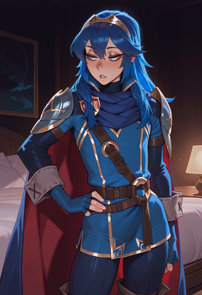 masterpiece, best quality, newest, absurdres, highres, dark lighting, pixelsketcher, solo, 
1boy, sissy, androgynous, femboy, soft feminine body, flat chest, 
dfLuc, long hair, tiara, blue hair, 
cape, shoulder armor, blue tunic, long sleeves, cuffs, blue scarf, fingerless gloves, belt, pants, 
makeup, long eyelashes, thick eyelashes, 
sexy, seductive, bedroom eyes, parted lips, hand on hip, 
bedroom, standing,
