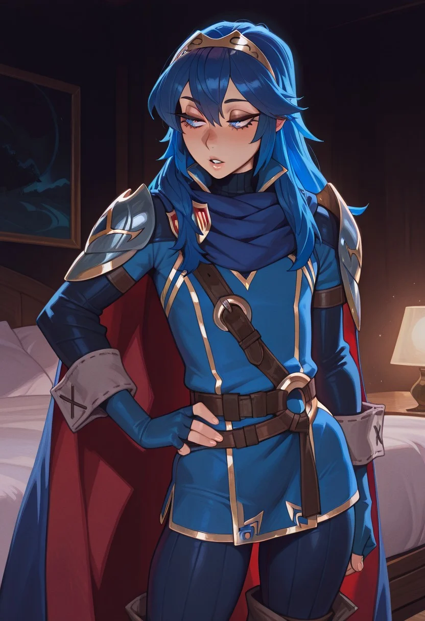 masterpiece, best quality, newest, absurdres, highres, dark lighting, pixelsketcher, solo,
1boy, sissy, androgynous, femboy, soft feminine body, flat chest,
dfLuc, long hair, tiara, blue hair,
cape, shoulder armor, blue tunic, long sleeves, cuffs, blue scarf, fingerless gloves, belt, pants,
makeup, long eyelashes, thick eyelashes,
sexy, seductive, bedroom eyes, parted lips, hand on hip,
bedroom, standing,