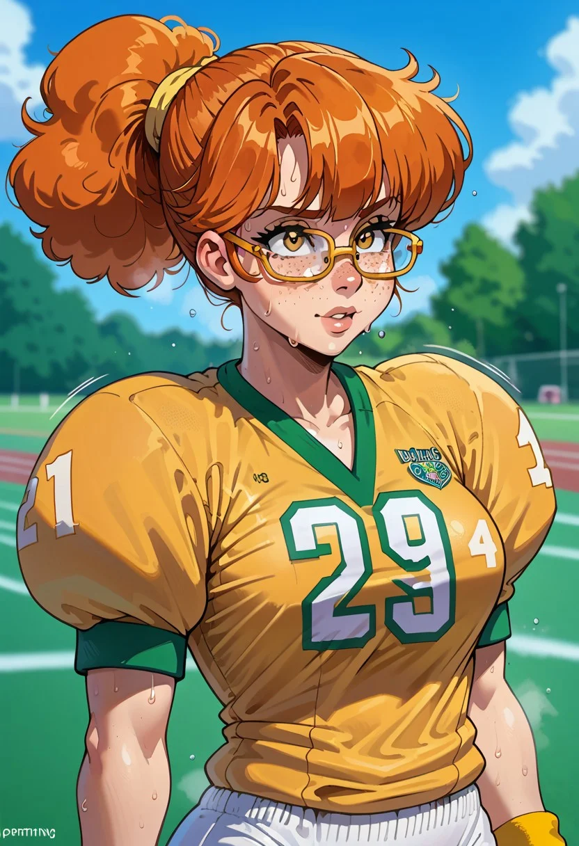 Solo_9_up, Patty, 1girl, solo, orange hair, updo, freckles, rectangle glasses, nerdy female, sweat, female, solo focus, outdoor, track and field, sprinting, Gridiron Football, pink and white Football Uniform, yellow wristbands, yellow kneepads, cleats, sportswear, sweat, motion blur, bottomless
