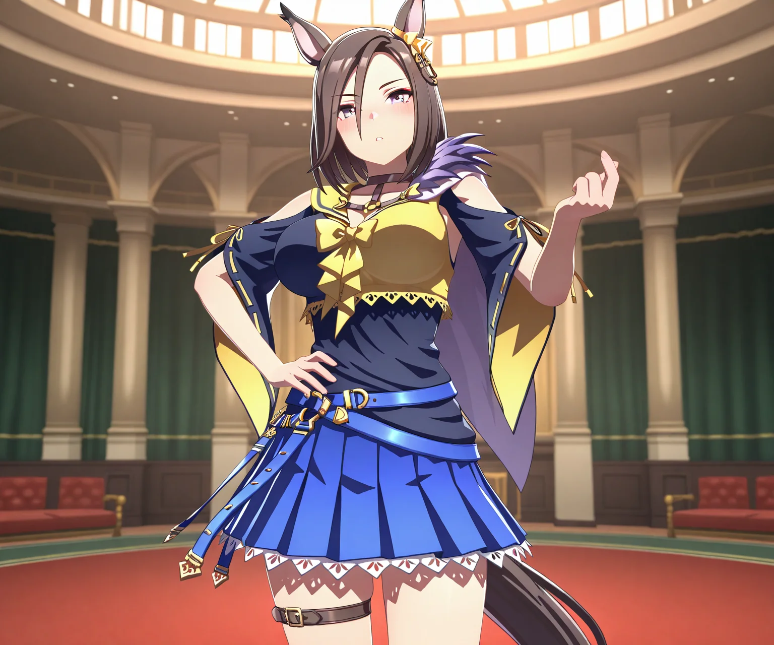 masterpiece, best quality, amazing quality, , 1girl, solo, looking at viewer, cowboy shot, <lora:Air Groove in game style 3D ILL-v2.1:1> ummsmingame, 3d, air groove \(umamusume\), two-tone shirt,