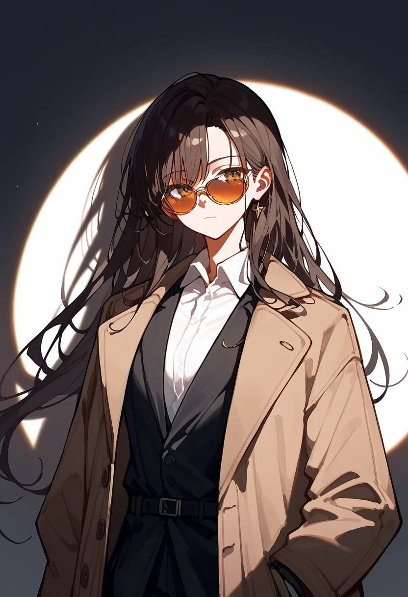 <lora:spotlight:1>, spotlight, shadow, 1girl, long hair, sunglasses, looking over eyewear, looking at viewer, standing, black suit, collared shirt, brown coat,, (score_9,score_8_up,score_7_up,score_6_up,score_5_up,score_4_up),