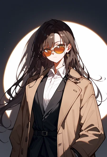 <lora:spotlight:1>, spotlight, shadow, 1girl, long hair, sunglasses, looking over eyewear, looking at viewer, standing, black suit, collared shirt, brown coat,, (score_9,score_8_up,score_7_up,score_6_up,score_5_up,score_4_up),