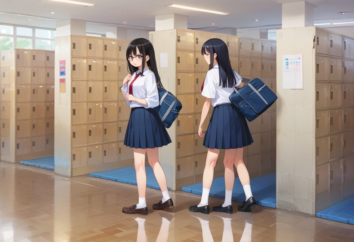 score_9, score_8_up, score_7_up, rating_safe, masterpiece, best quality, absurdres, unity 8k wallpaper, official art, official style, source_anime, uncensored, game cg, megami magazine,
multiple girls, glasses, black hair, long hair, blue eyes, collared shirt, red necktie, pleated skirt, blue skirt, socks, shoes, school bag,
getabako, locker, indoors, school, sunoko, 
 <lora:gakkou_getabako_PONY_V1:1>