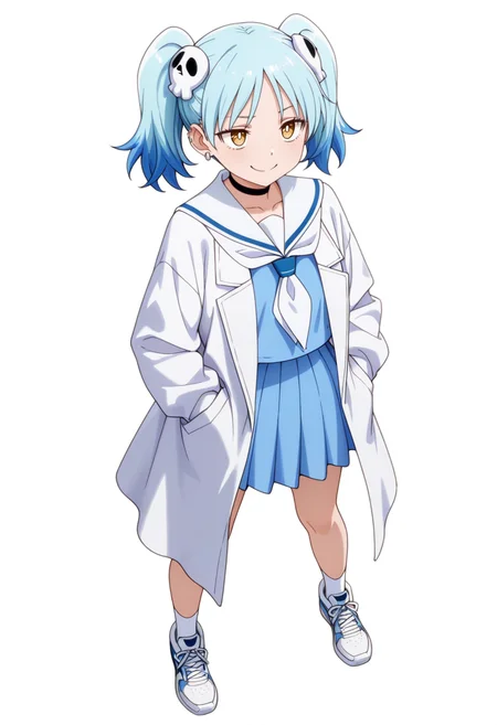 masterpiece,high quality details, absurdres,
<lora:Izutsumi_Marín:0.8>
izutsumi_cnr, 1girl, blue hair,yellow eyes, multicolored hair, skull hair ornament, twintails, black choker,ear piercing,
white sailor collar, blue serafuku, blue shirt,blue skirt,labcoat, white socks, sneakers,, simple background, white background, from above,solo,, stifled laugh,crazy smile,, :c,, ultra realistic, high detailed skin,