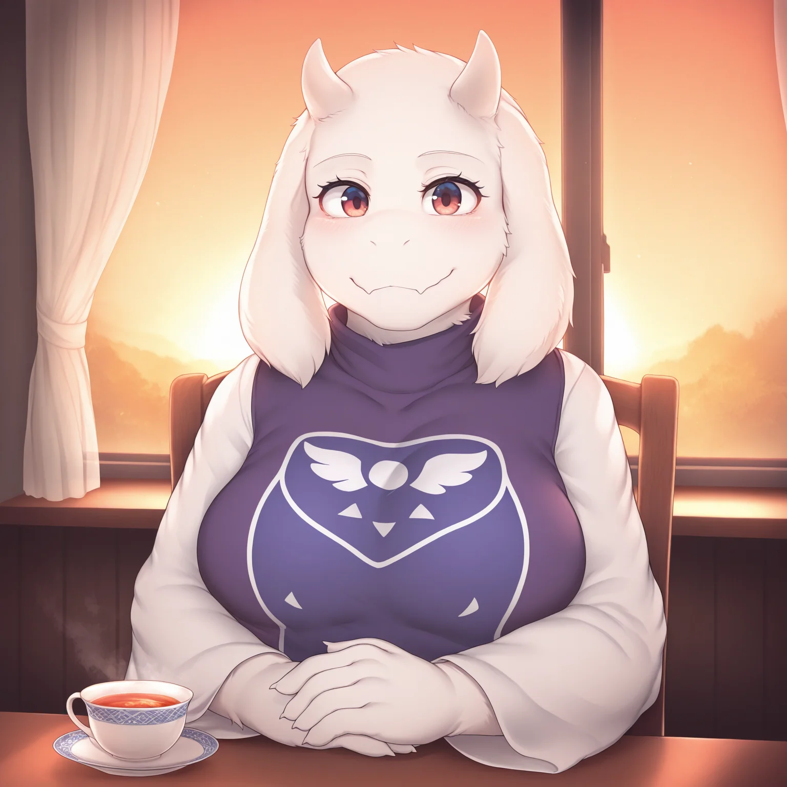 masterpiece, best quality, amazing quality,1girl,solo, Morisova, ,furry,furry female,toriel,standing,sitting, on chair, table, tea,kitchen,sunset, looking at viewer,upper body,window,curtains,ovne<lora:Morisova:1>