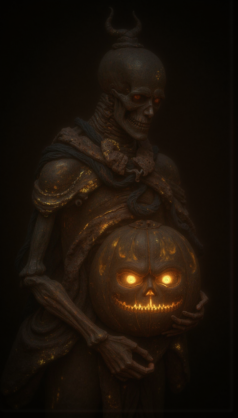 GLOW,intricate tetradic colors in every details,FLUORESCENT,asian woman, A skeleton cradling a carved jack-o-lantern, tenebrous and painterly, evocative of a Dutch vanitas. Render in a palette of ochre, umber, and sepia, with a subtle sfumato lending depth to the skeletal form. The lighting should be chiaroscuro, emanating from the upper left, casting the right side of the skeleton and pumpkin in shadow. Opt for a medium shot, allowing the subject to dominate the frame against an amorphous, dark background. Concentrate on the juxtaposition of mortality symbolized by the skeleton, and the ephemeral nature of life represented by the flickering candle within the pumpkin.