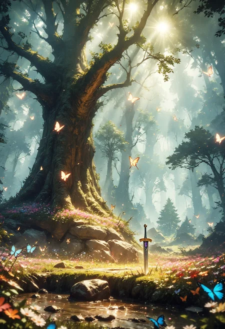 detailed landscape, excalibur planted in a rock, giant tree, in the middle of forest, clearing, field of flowers, butterflies, shaded, sunbeams, light passing with difficulty, mythical, shining sword, nature, legendary, fairies, magical, no humans, cgi, masterpiece, best quality, very aesthetic, absurdres, <lora:add-detail-xl:1>,  <lora:MJ52:0.25>,  <lora:d4rk01lXLP:0.60> d4rk01l