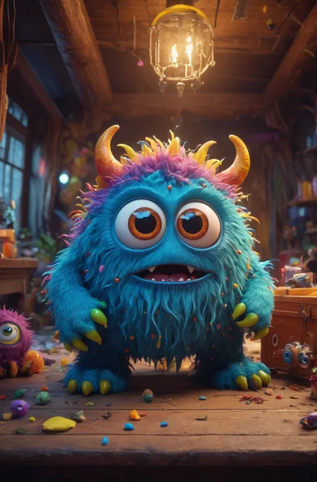 A cute monster, colorful, clutter, ultra detailed, mysterious, scary, perfect environment, cinematic lighting, product photography, unreal engine, 8K