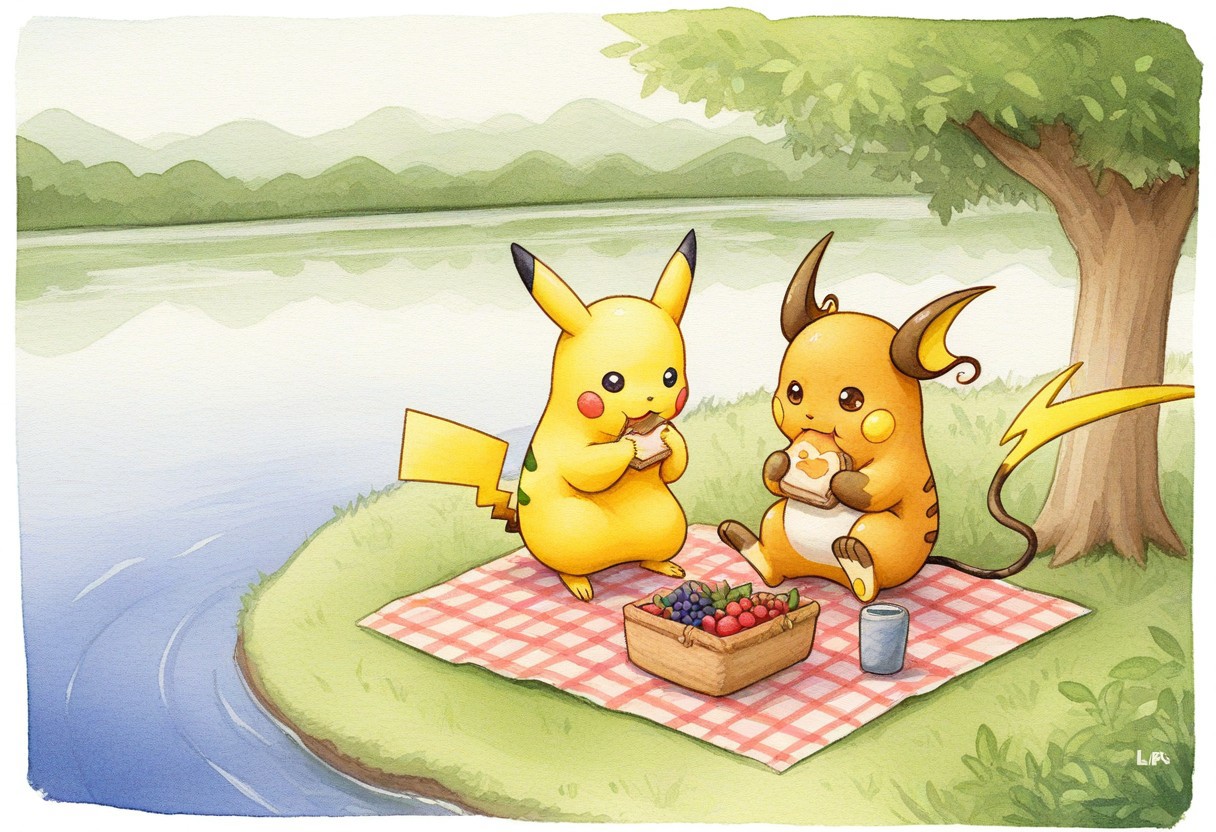 flav1a-3lr1c, 
duo, 
pikachu, watercolor, raichu, lake, sunnyday, berries, eating, picnic,