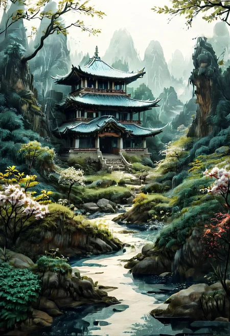 An asian House and Sakura garden made of blue and white porcelain, asian landscape in the background, SimpleNegativeV3,zavy-chnsdrgn, masterpiece, award winning, very detailed, porcellana style