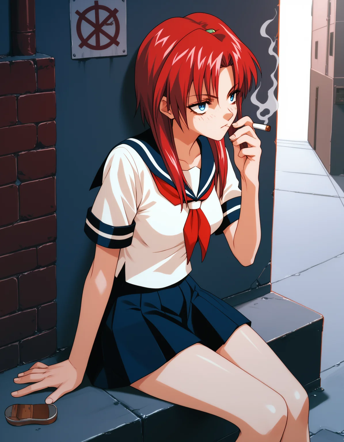 score_9,  score_8_up, score_7_up
<lora:maypia-alexymetalia-ponyxl-000050:1> m4yp1a, red hair, blue eyes, serafuku,
1girl, solo, alley, sitting, smoking