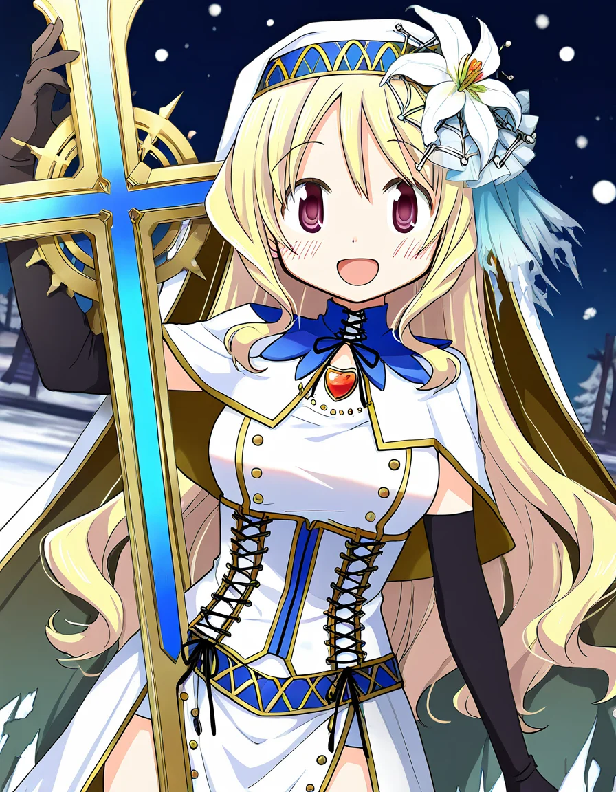 masterpiece, best quality, newest, absurdres, highres, safe, 1girl, togame momoko \(sister ver.\), magia record: mahou shoujo madoka magica gaiden, holding cross \(weapon\), solo, open mouth, snowing, outdoors, dutch angle, <lora:togame_momoko_noobaiXLNAIXL_vPred10Version:0.7>