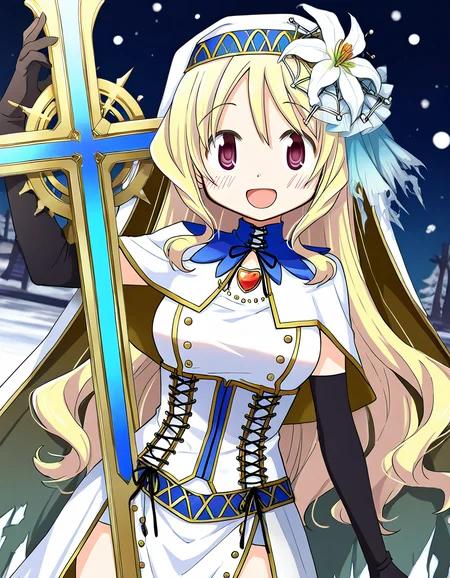 masterpiece, best quality, newest, absurdres, highres, safe, 1girl, togame momoko \(sister ver.\), magia record: mahou shoujo madoka magica gaiden, holding cross \(weapon\), solo, open mouth, snowing, outdoors, dutch angle, <lora:togame_momoko_noobaiXLNAIXL_vPred10Version:0.7>
