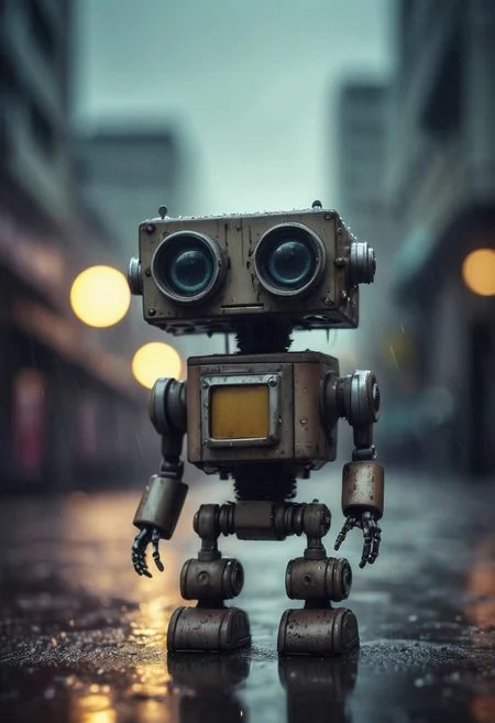 Small robot, rectangular body, flexible arms, treaded wheels, compact head, expressive binocular-like eyes, sad and curious appearance, heartbreaking, cute, heavy rain, very sad, lonely, lost place, cyberpunk, desaturated, vibrant colors, dramatic lighting, desaturated background, bokeh, dark theme, soothing tones, depth of field, dramatic backlighting, film grain,