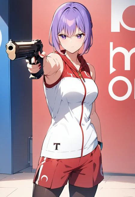 masterpiece, best quality, anime girl, fullbody, Turkish Killer Pose, LOOKING AT GUN, AIMING