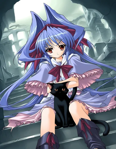 score_9, score_8_up, score_7_up, source_anime, rating_explicit, BREAK  <lora:Shion_mahjong_XL:1> Shion_mahjong, very long hair, blue hair, hair bow, hair intakes, brown eyes,  short stack,
cat, solo,  sitting, stairs, dress, black cat, purple hair, capelet,  red eyes, hair ribbon, bow, serious face, boots, 
ruins, cave,