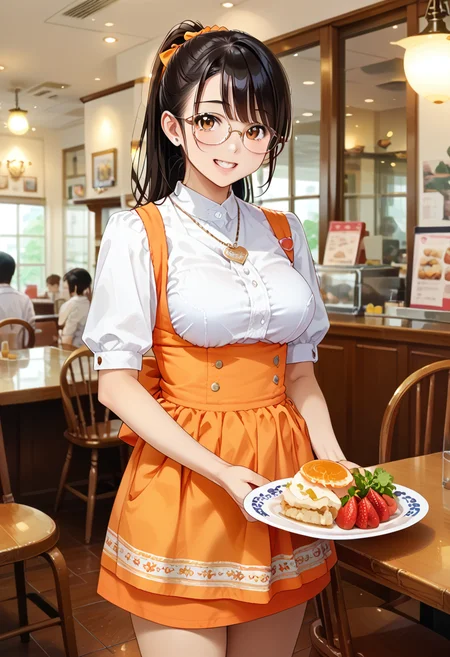 score_9, score_8_up, score_7_up, rating_safe, masterpiece, best quality, absurdres, unity 8k wallpaper, official art, official style, source_anime, uncensored, game cg, megami magazine,
AMSC, 1girl, glasses, waitress, solo, jewelry, orange apron, ponytail, orange skirt, fruit, shirt, skirt, standing, short sleeves, necklace, large breasts, happy, smile, looking at viewer,
food, table, indoors, cafe, photo background, restaurant,
<lora:AMSC_PONY_V1:0.8>