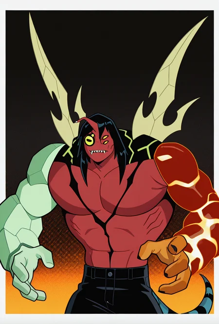 <lora:kev11-06:1> kevin11, solo, male focus, yellow eyes, black hair, red skin, horn, sharp teeth, lime wings, blue tail, 4arm, top hands left green arm, top hands right magma red arm with yellow cracks, bottom hands orange arms, 2 orange arms, big arms, masterpiece, best quality, amazing quality, very aesthetic, absurdres, newest,, upper body, halftone effect, white borders, abstract background:1.2,