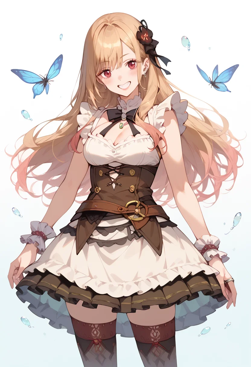 score_9, score_8_up, score_7_up, best quality, masterpiece, source_anime, zPDXL2, BREAK , 1girl, solo, clockwork outfits, thighhighs, smile happy <lora:clockwork_doaxvv:1> Dancing, pretending to be a cute fairy , <lora:marin-kitagawa-ponyxl-lora-nochekaiser:1> marin kitagawa, long hair, bangs, blonde hair, red eyes, multicolored hair,