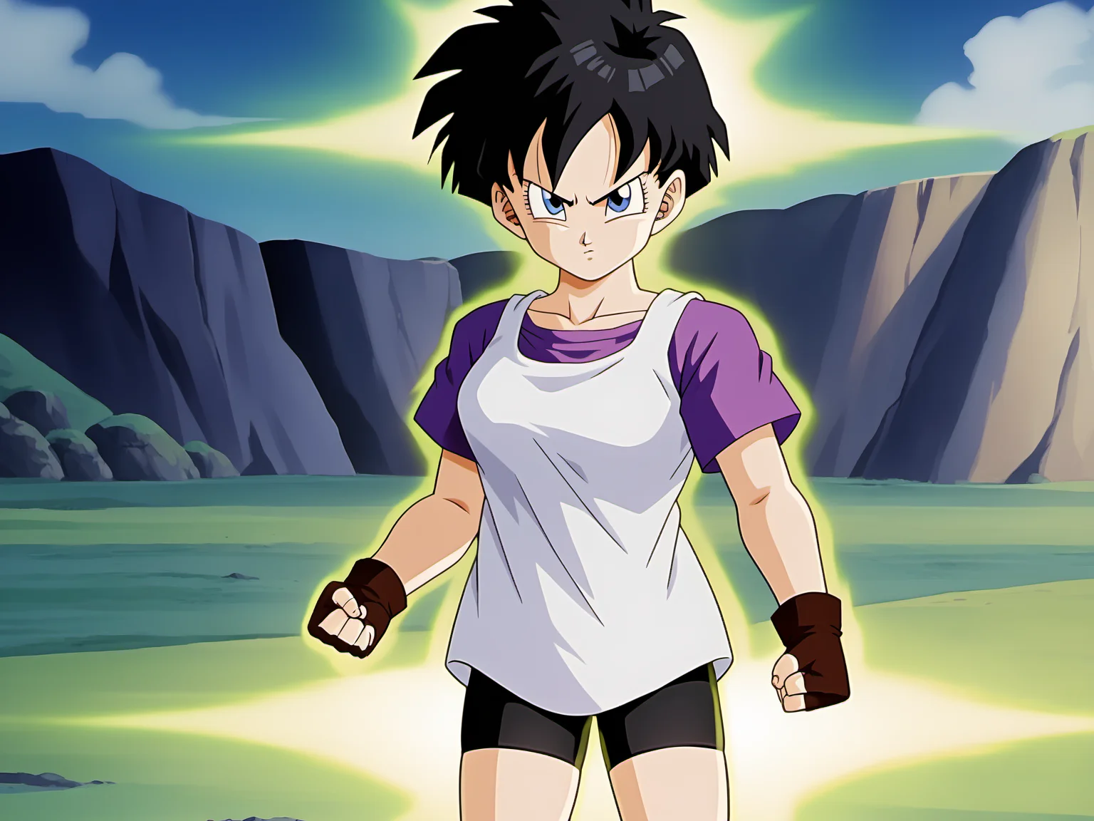 Videl, 1girl, short hair, spiked hair, blue eyes, bike shorts, purple shirt, (white shirt), fingerless gloves, solo, perfect lighting, shadows, outdoors, looking at viewer, annoyed, standing, <lora:VidelSDXLMulti-Test-16-16-C-Test-2:0.6>, solo, clenched fist, masterpiece, best quality, (body aura:1.2), absurdres,