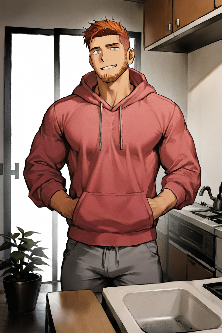 masterpiece, best quality, highres, newest, 1boy, bara, solo, male focus, mature male, short hair, orange hair, grey eyes, facial hair, stubble, muscular, looking at viewer, upper body, smile, standing, pink hoodie, grey pants, indoors, kitchen <lora:OIS - Bara Style 2 [LoRA] - NoobAI-XL EPS 1.0:0.7>