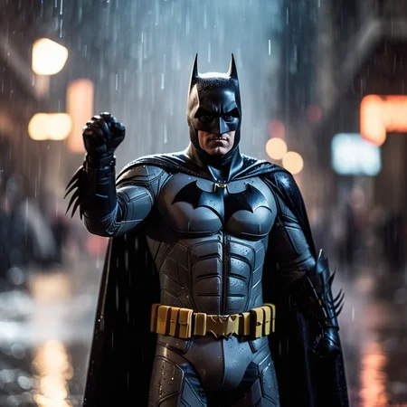 cinematic film still of <lora:Perfect Hands:1.2>
a batman is in the rain with a bat Perfect Hands, shallow depth of field, vignette, highly detailed, high budget, bokeh, cinemascope, moody, epic, gorgeous, film grain, grainy