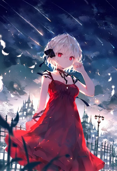 score_9, score_8_up, score_7_up, score_6_up, <lora:oninekoXL_TPN55_lokr_V43P1:0.95> 1girl, dress, solo, red eyes, red dress, feathers, sky, outdoors, night, shooting star, short hair, white hair, ribbon, hair between eyes, night sky, star \(sky\), sleeveless dress, starry sky, breasts, sleeveless, hand up, looking at viewer, black ribbon, meteor shower, bare shoulders, cloud, fence, closed mouth, hair ribbon, white feathers, standing, bare arms, building, cleavage, small breasts, cloudy sky, choker, lamppost