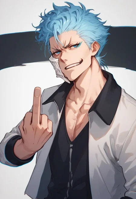 Grimmjow, blue hair, blue eyes, score_9, score_8_up, score_7_up, source_anime, middle finger