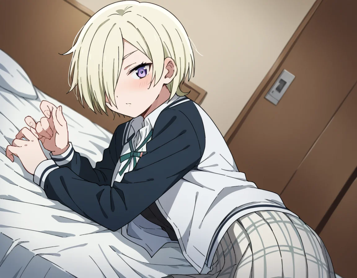 score_9, score_8_up, score_7_up, source_anime, <lora:mia-taylor-s2-ponyxl-lora-nochekaiser:1>, mia taylor, short hair, blonde hair, purple eyes, hair over one eye,, skirt, shirt, ribbon, school uniform, collared shirt, plaid, black shirt, neck ribbon, plaid skirt, white skirt, jacket, checkered skirt, nijigasaki academy school uniform,, indoors, bed, bed room, on side, blush, drunk, looking at viewer, solo,, cowboy shot, dutch angle