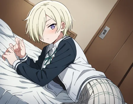 score_9, score_8_up, score_7_up, source_anime, <lora:mia-taylor-s2-ponyxl-lora-nochekaiser:1>, mia taylor, short hair, blonde hair, purple eyes, hair over one eye,, skirt, shirt, ribbon, school uniform, collared shirt, plaid, black shirt, neck ribbon, plaid skirt, white skirt, jacket, checkered skirt, nijigasaki academy school uniform,, indoors, bed, bed room, on side, blush, drunk, looking at viewer, solo,, cowboy shot, dutch angle