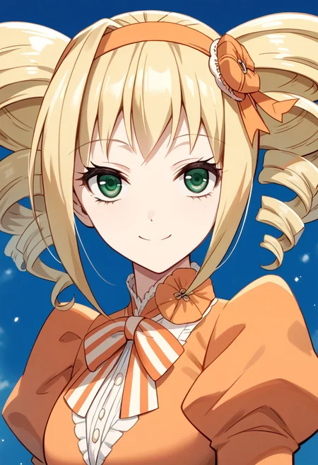 score_9, score_8_up, score_7_up, source_anime, ELIZABETH MIDFORD, DRILL HAIR, TWIN DRILLS, 1girl, solo, smile, blonde hair, dress, bow, twintails, green eyes, hairband, drill hair, twin drills, orange shirt