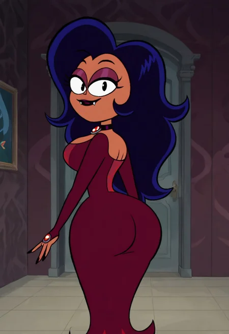 score_9, score_8_up, score_7_up, ultra quality, solo, 1girl, Wilhamena, dark-skinned female, dark skin, blue hair, long hair, black eyes, fangs, lipstick, makeup, choker, red dress, smug smile, butt focus, breasts, big hips, big butt, bubble butt, curvy, narrow waist, standing, upper body, looking to the viewer, close up, screencap