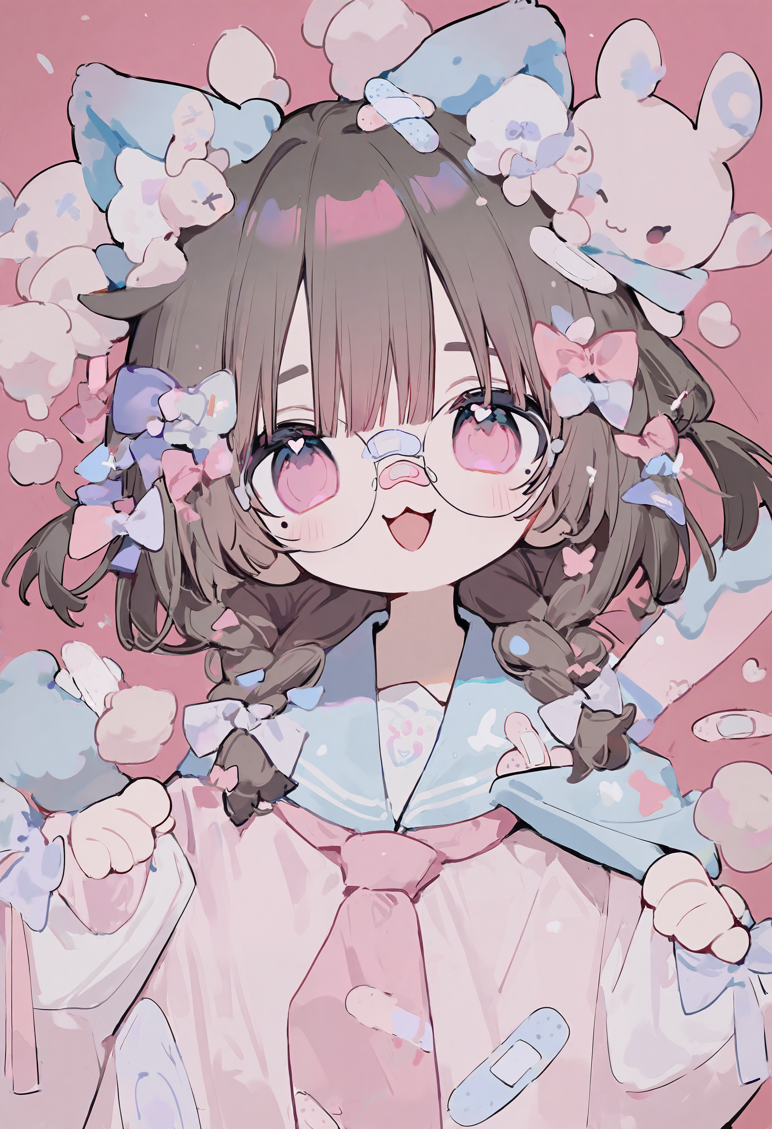 (ask \(askzy\):0.35),  masterpiece, best quality, very aesthetic, absurdres, year 2024, year 2023, chibi, fuchsia theme,   1girl, solo, side braids, brown hair, bandaid on nose, cute, blush, :3, open mouth, looking at viewer, dutch angle, high angle, pink eyes, sailor shirt, pink tie, multiple hair bows, mole under eye, glasses, animal ears,   stuffed animal, stuffed rabbit,